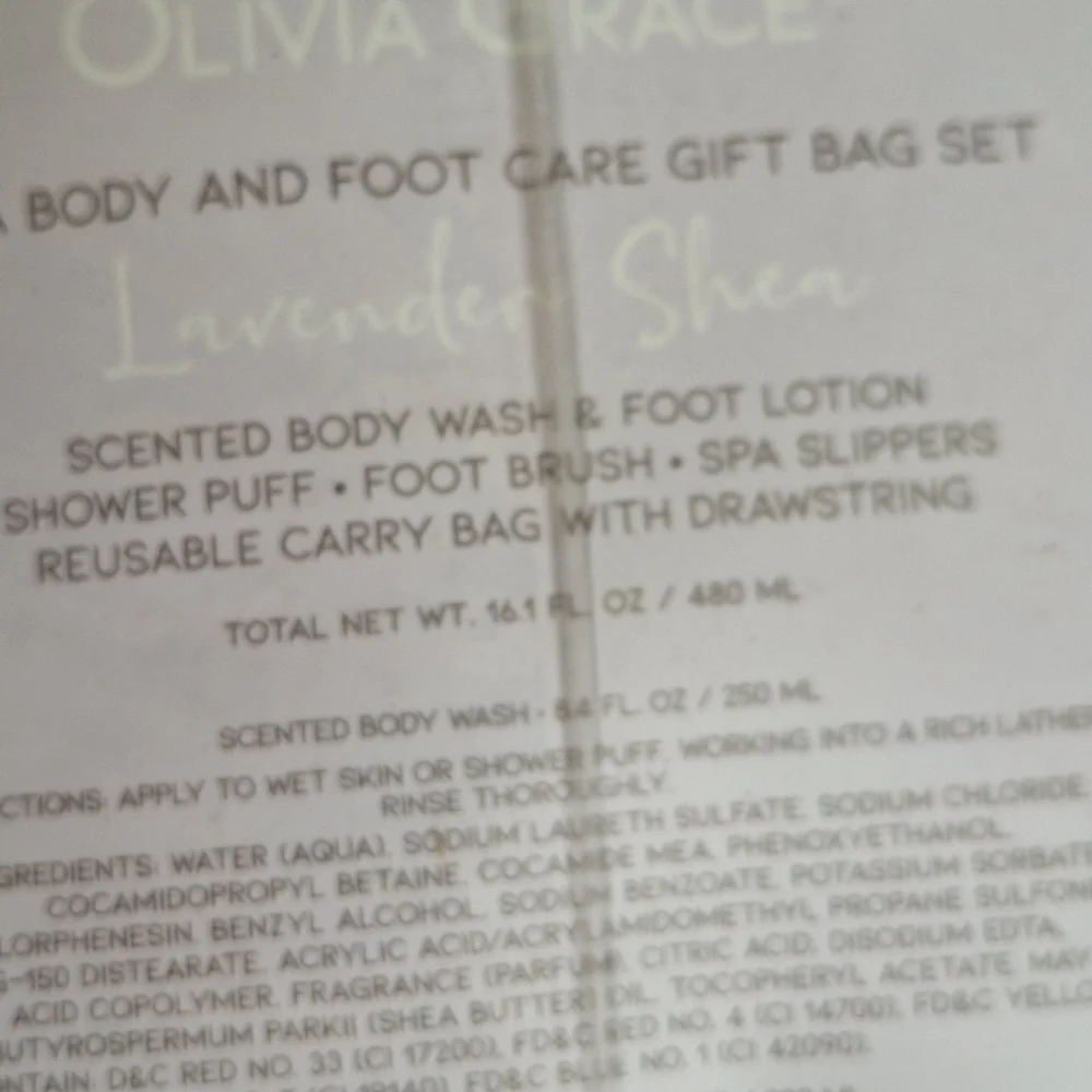 Olivia Grace Gift Pack Lavender BodyWash Shower Puff Foot Brush Spa Slippers NWT